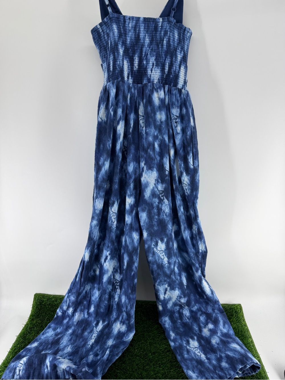 INC International Concepts Blue Tie Dye Wide Leg Slit Jumpsuit Small Smocked - Picture 4 of 5